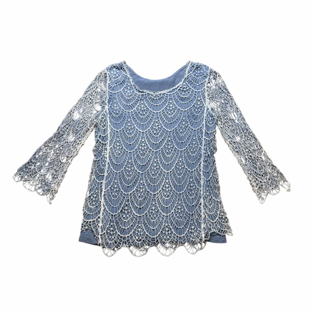 V Cristina Cornflower Blue Lace Crochet Overlay Long Sleeve Blouse - Size Large - Picture 6 of 12